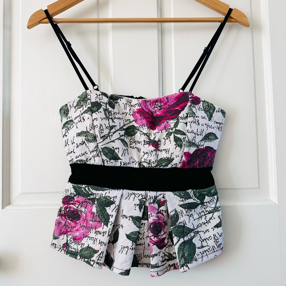 Vintage Floral & Script Corset Peplum Crop Top 80s 90s Italy Miss Serena Size S